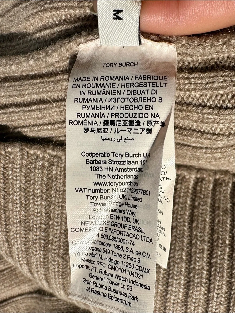 Tory Burch 100% Cashmere F/W’22 Logo Ribbed Turtleneck Sweater in Taupe, M